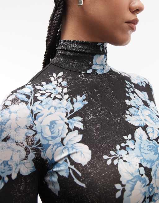 & Other Stories – Hochgeschlossenes, transparentes Oberteil in Schwarz mit Blumenmuster, 3 von 4