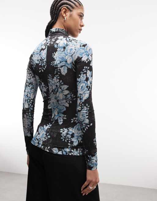 & Other Stories – Hochgeschlossenes, transparentes Oberteil in Schwarz mit Blumenmuster, 4 von 4