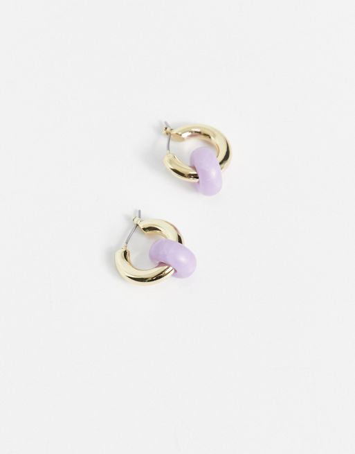 Purple Resin Hoop Earrings with Glitter Inclusion, Golden Brass Studs with Little Bees