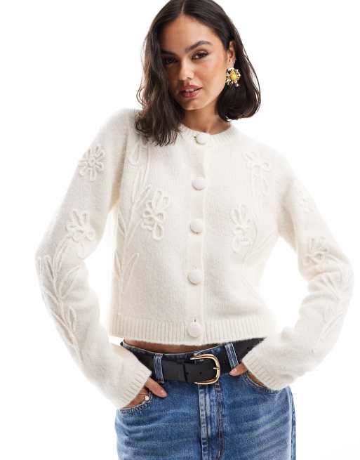 & Other Stories - Hvid cardigan i merino- og alpakauldsblanding med broderede 3D-blomster