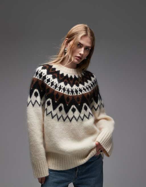 & Other Stories - Hvid sweater i uld- og mohairblanding med brunt jacquardstrikket zigzag-mønster i Fair Isle-stil