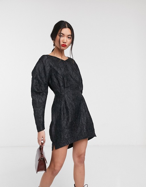 & Other Stories jacquard bold sleeve mini dress in black