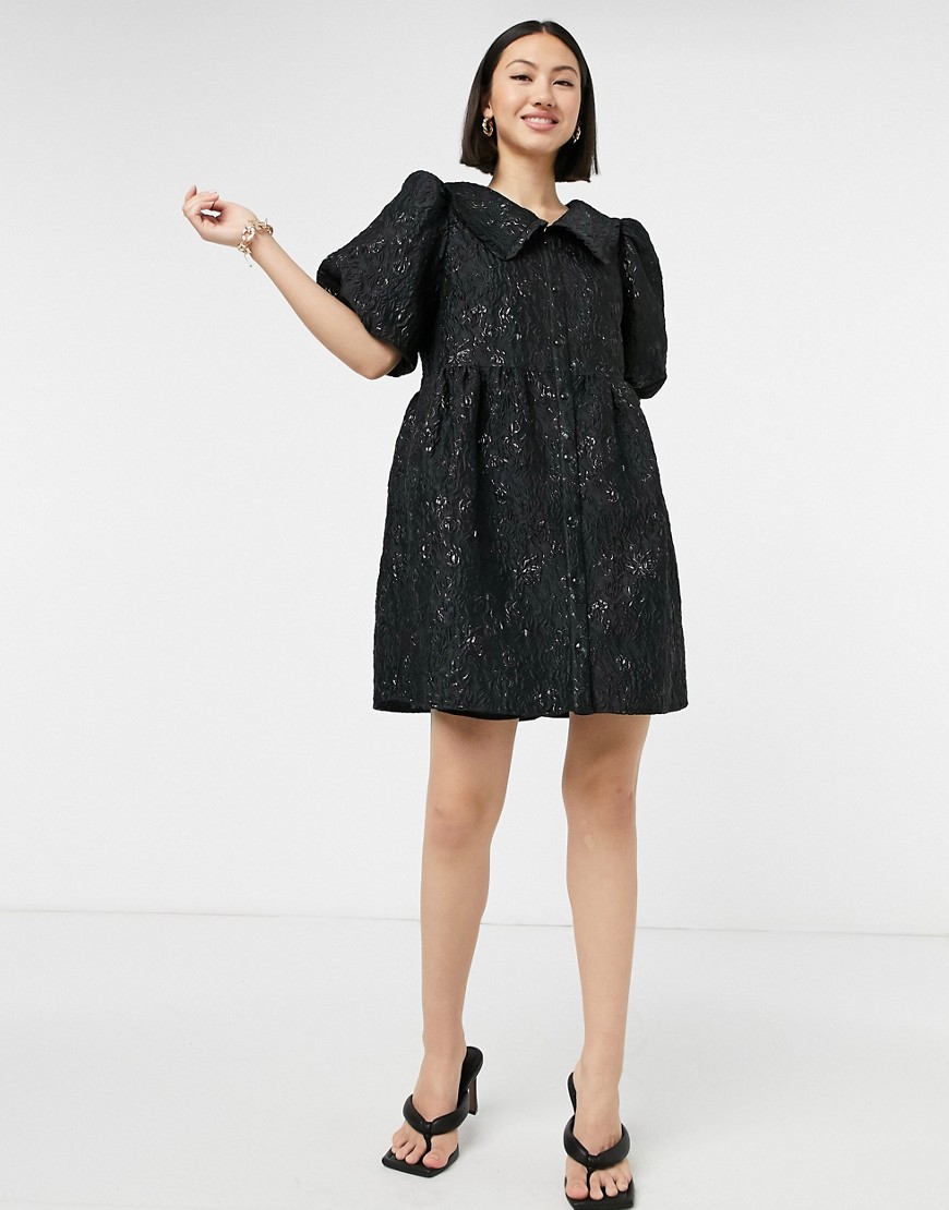 & Other Stories jacquard frill collar dress in black