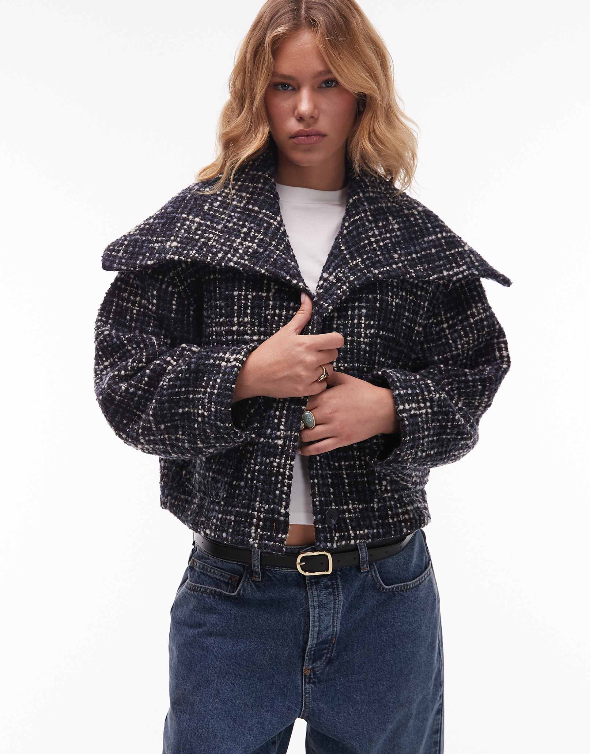 & other stories jacquard jacket with statement collar in off black