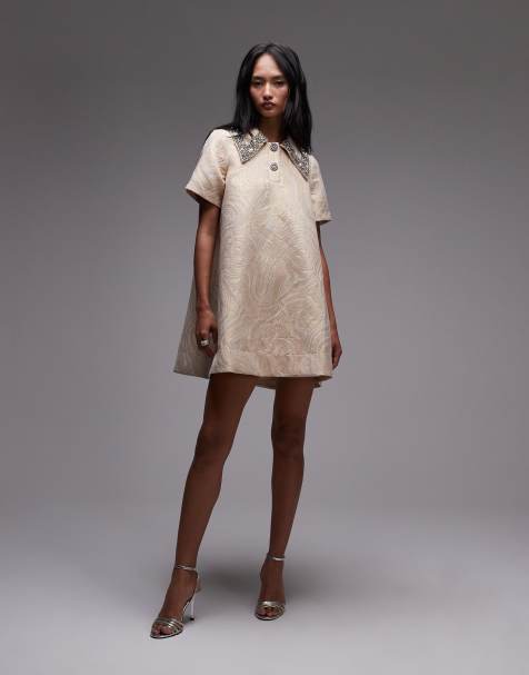 & Other Stories jacquard mini swing dress with embellished collar in gold - view 1