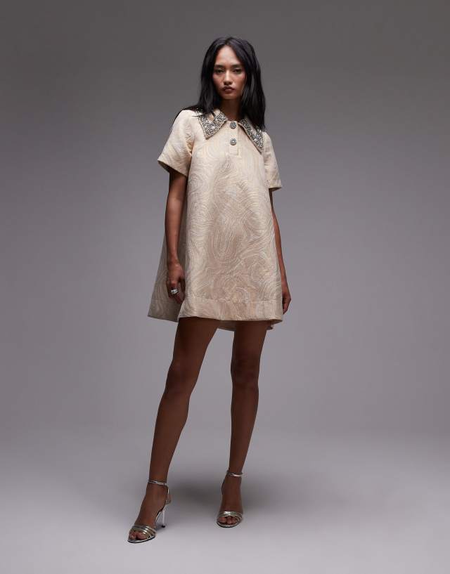 & Other Stories jacquard mini swing dress with embellished collar