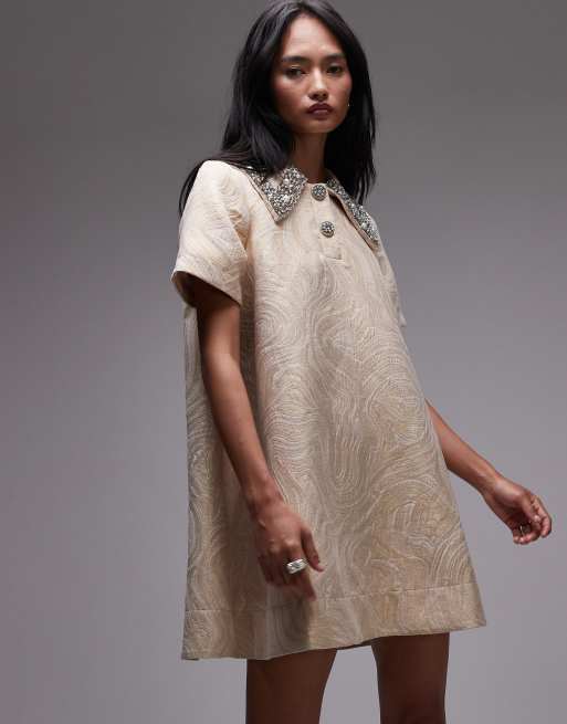 & Other Stories jacquard mini swing dress with embellished collar in gold, 2 of 4
