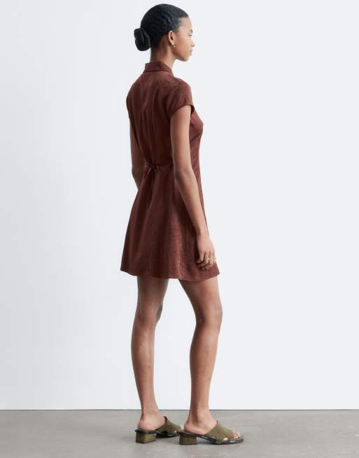 & Other Stories - Jacquard overhemdjurk met korte mouwen in chocoladebruin , 4 van 4