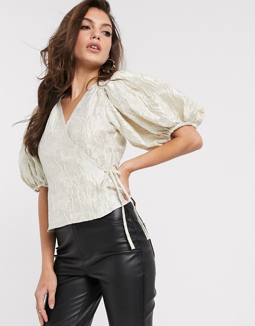 & Other Stories jacquard puff sleeve wrap blouse in off-white