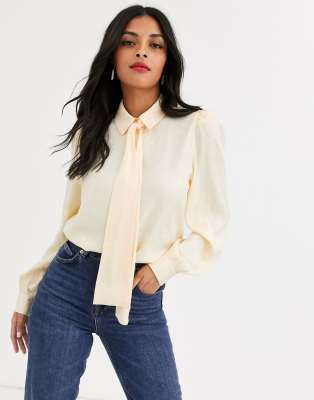 yellow pussybow blouse