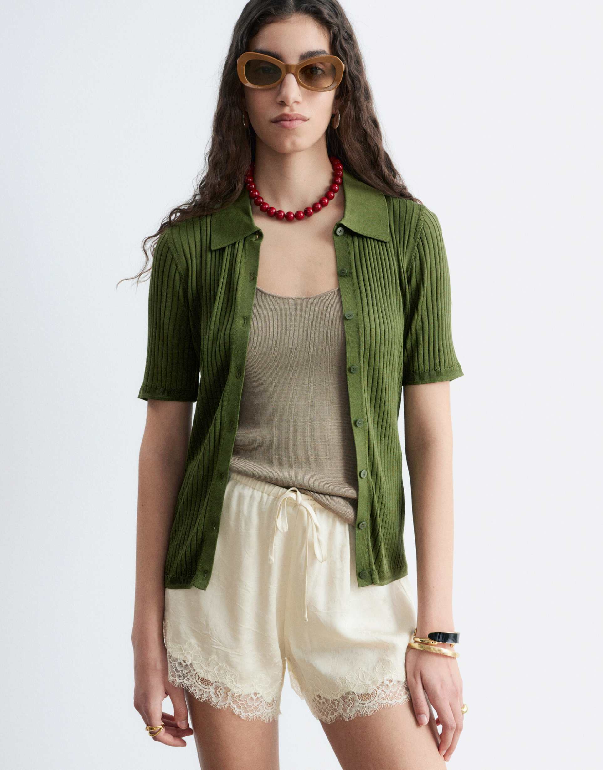 & other stories jacquard satin shorts with lace trim in butter yellow