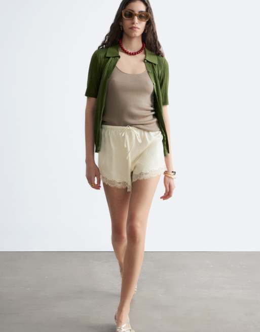& Other Stories jacquard satin shorts with lace trim in butter yellow, 4 of 4