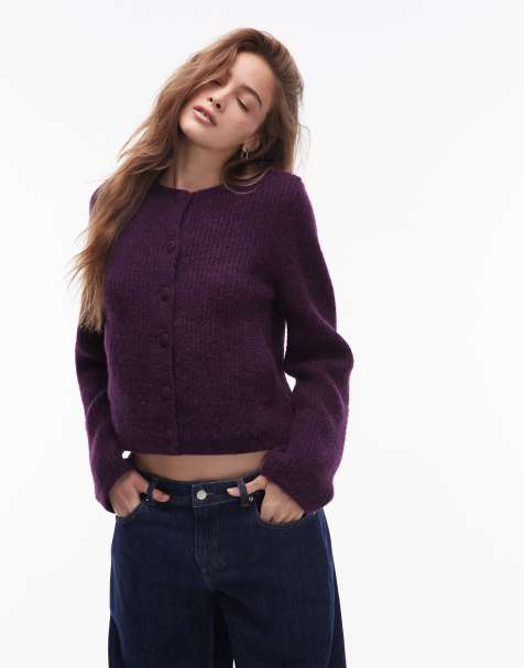 & Other Stories alpaca wool blend cardigan jacket with jet pockets in purple berry