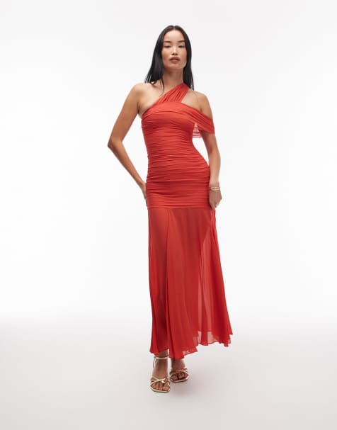 & Other Stories mixed fabric maxi dress with asymmetric off shoulder and sheer hem in bright red