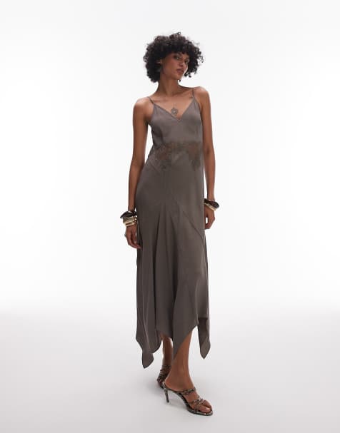 & Other Stories slip dress with lace panel inserts and asymmetric him in light brown