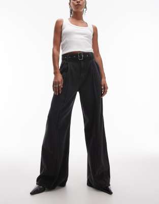 & Other Stories - Jeans in Schwarz mit weitem Bein, Nahtdetail und Gürtel