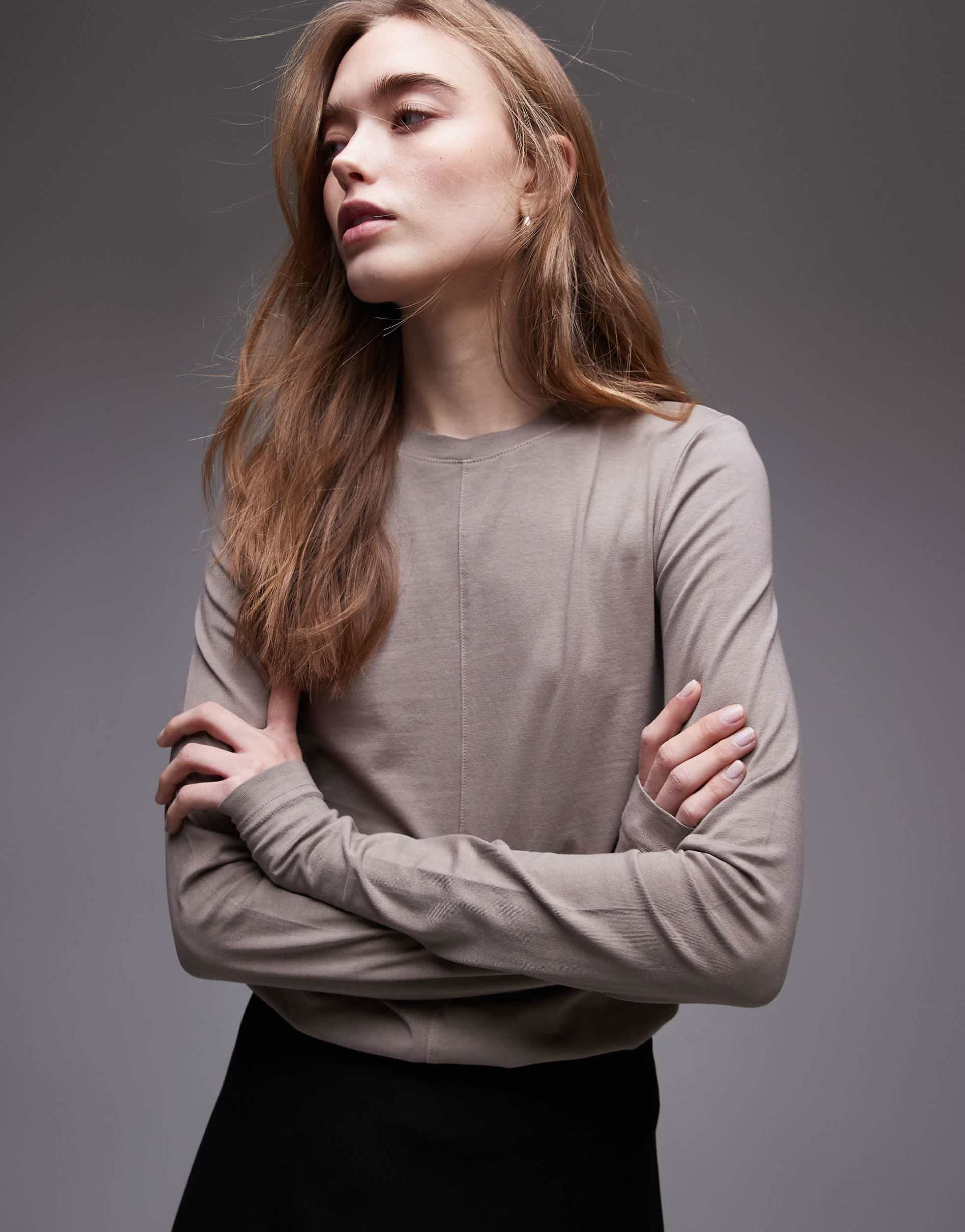 & other stories jersey fitted long sleeve top with front seam in beige