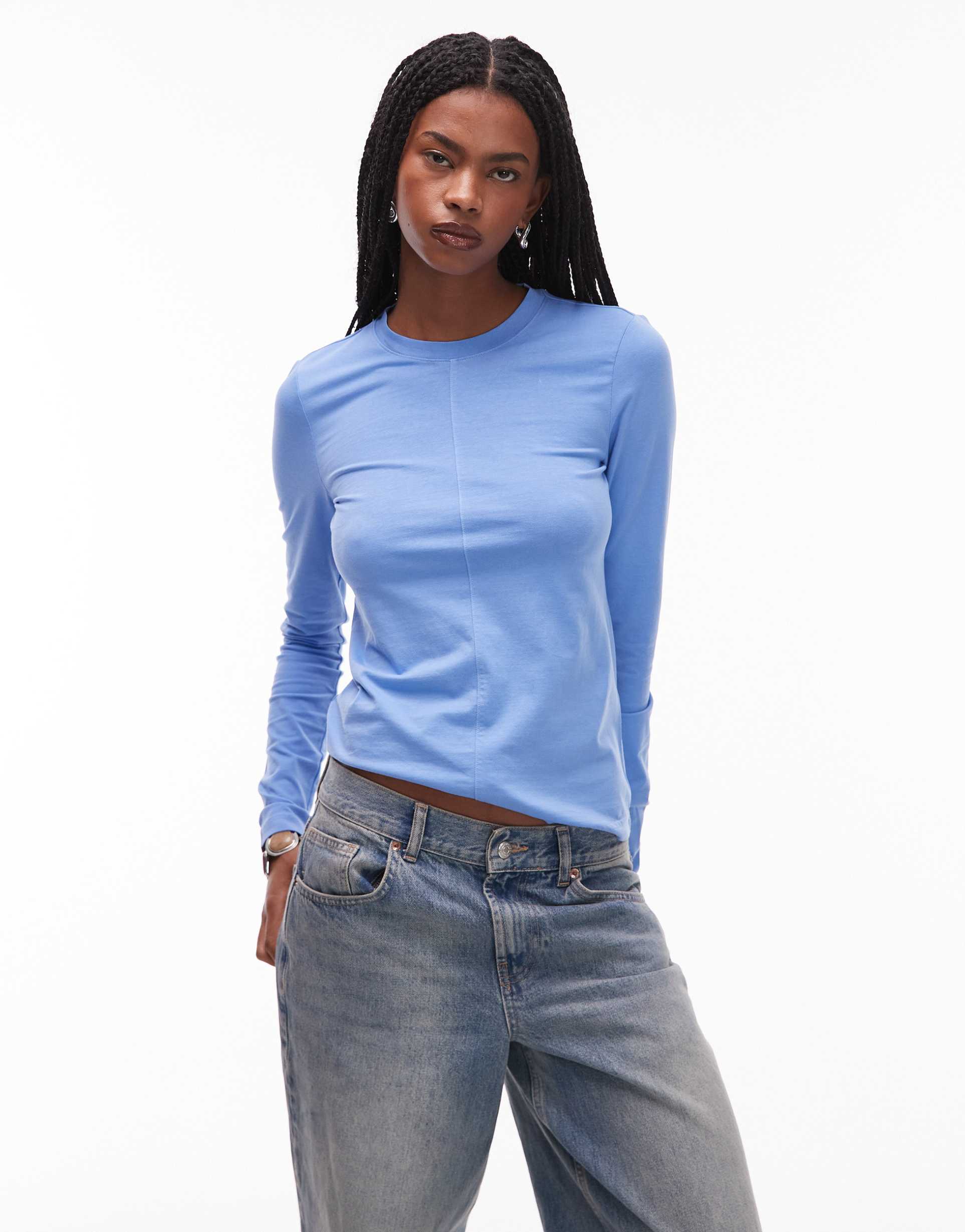 & other stories jersey fitted long sleeve top with front seam in blue