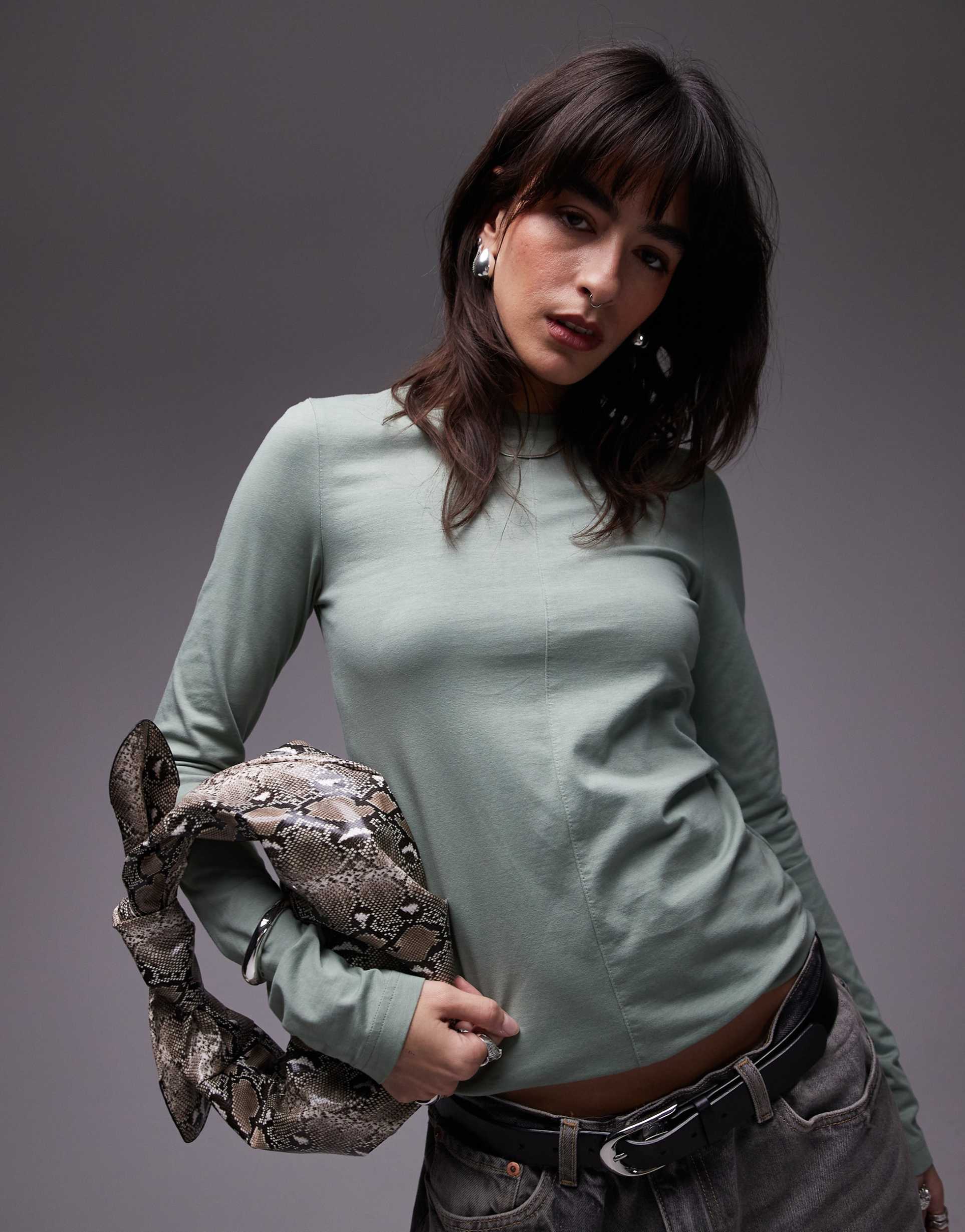 & other stories jersey fitted long sleeve top with front seam in soft green