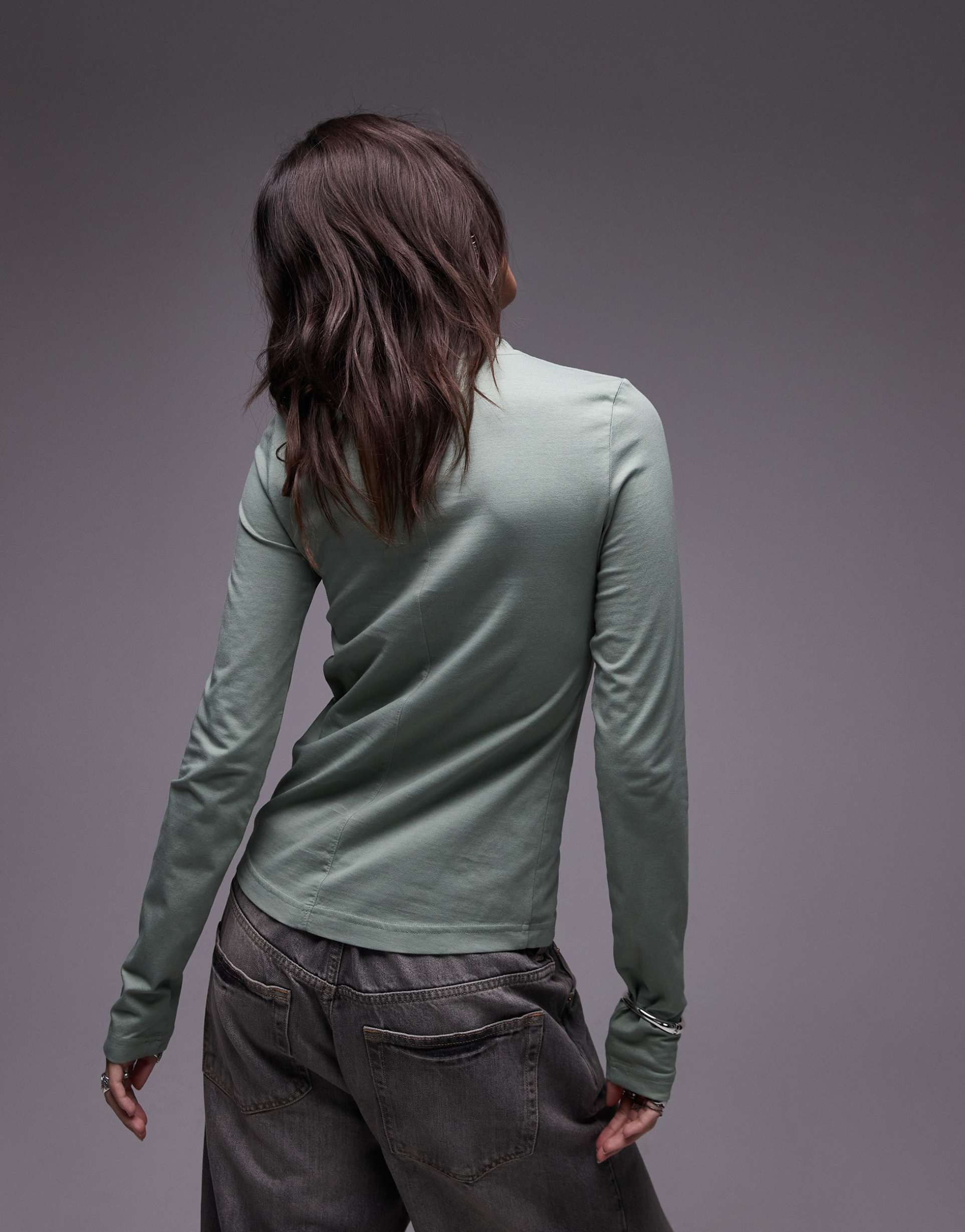 & other stories jersey fitted long sleeve top with front seam in soft green
