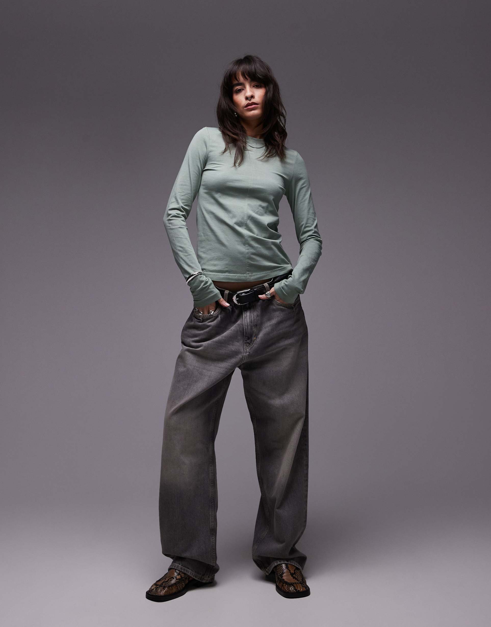 & other stories jersey fitted long sleeve top with front seam in soft green