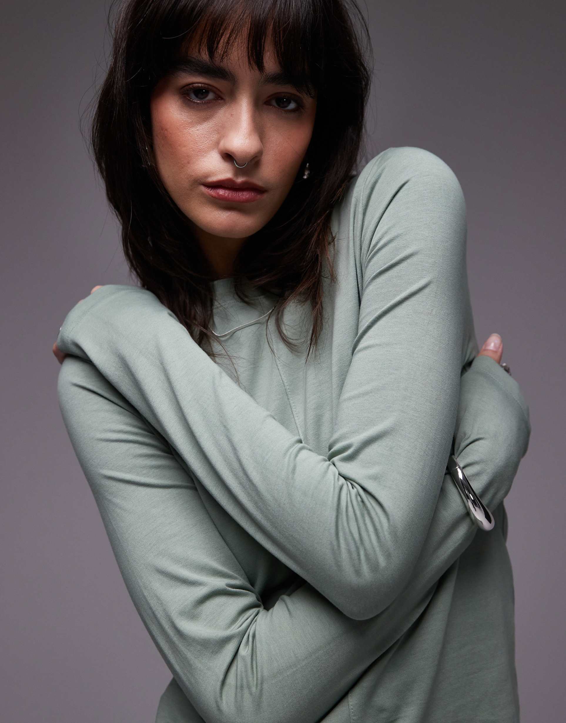 & other stories jersey fitted long sleeve top with front seam in soft green