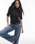 [Other Stories] & Other Stories jersey high neck top with elbow sleeves and raw edge in black XS BLACK