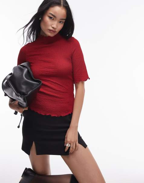 & Other Stories jersey high neck top with elbow sleeves and raw edge in red - view 1