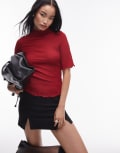 [Other Stories] & Other Stories jersey high neck top with elbow sleeves and raw edge in red S RED