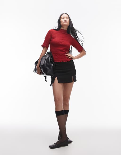 & Other Stories jersey high neck top with elbow sleeves and raw edge in red, 2 of 4
