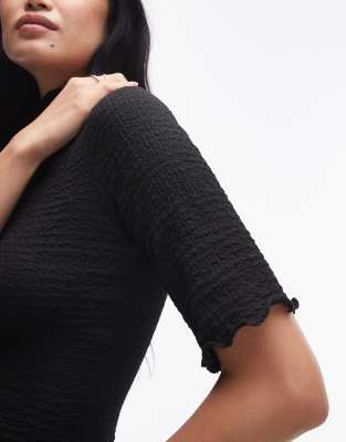 & Other Stories Jersey High Neck Top With Elbow Sleeves And Raw Edges In Black