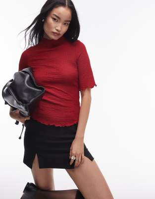 & Other Stories jersey high neck top with elbow sleeves and raw edges in red