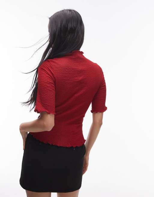 & Other Stories jersey high neck top with elbow sleeves and raw edges in red, 4 of 4