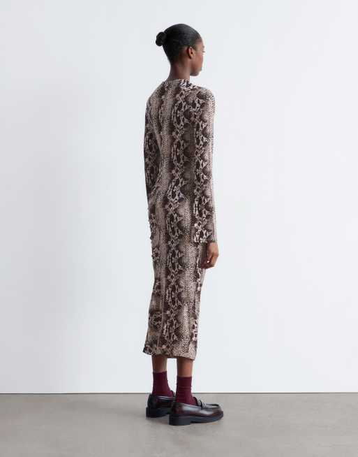 & Other Stories jersey long sleeve midaxi dress with ruched side detail in brown snake print, 4 of 4