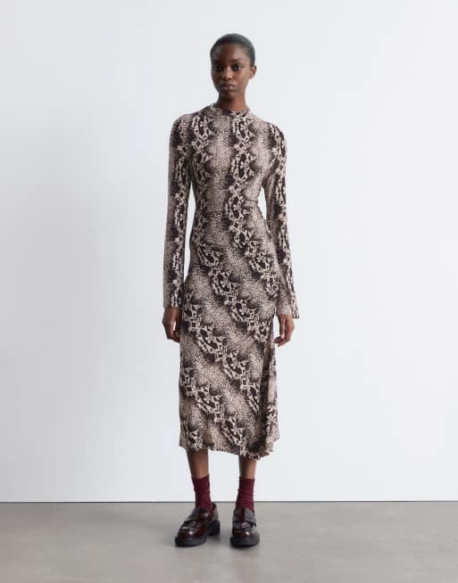& Other Stories jersey long sleeve midaxi dress with side ruched detail in snake print