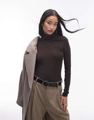 & Other Stories jersey long sleeve top with high neck in mole-Brown