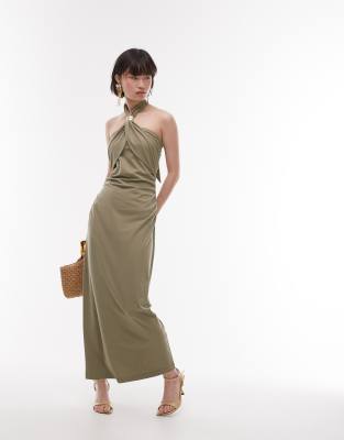 & Other Stories jersey maxi dress with metallic clasp halter neck in khaki green