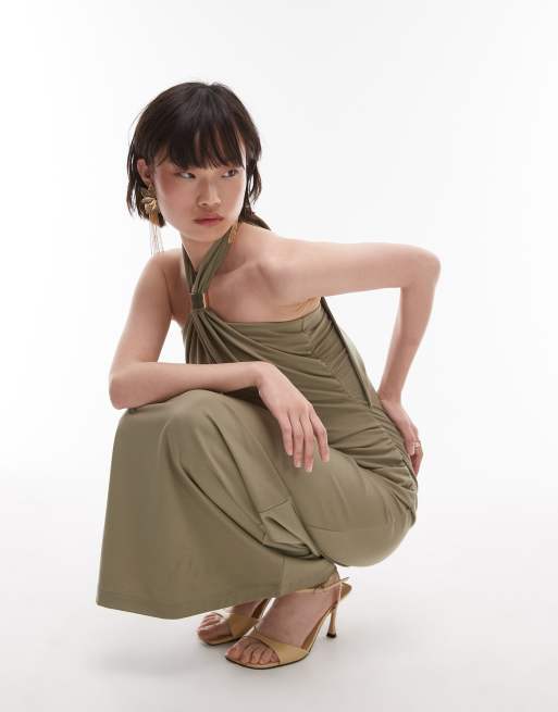 & Other Stories jersey maxi dress with metallic clasp halter neck in khaki green 