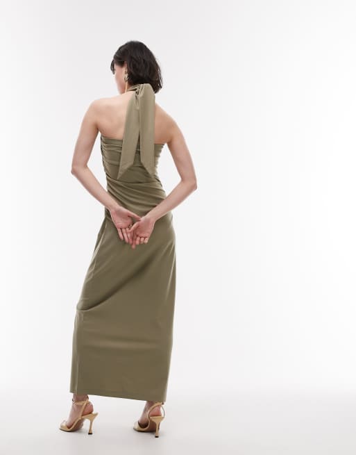 & Other Stories jersey maxi dress with metallic clasp halter neck in khaki green 
