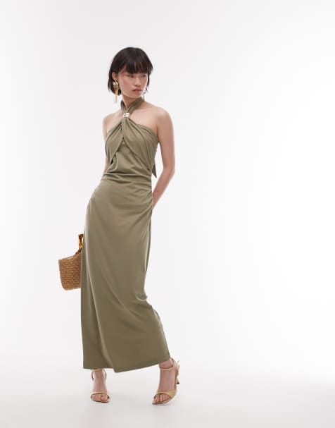 & Other Stories jersey maxi dress with metallic clasp halter neck in khaki - view 1