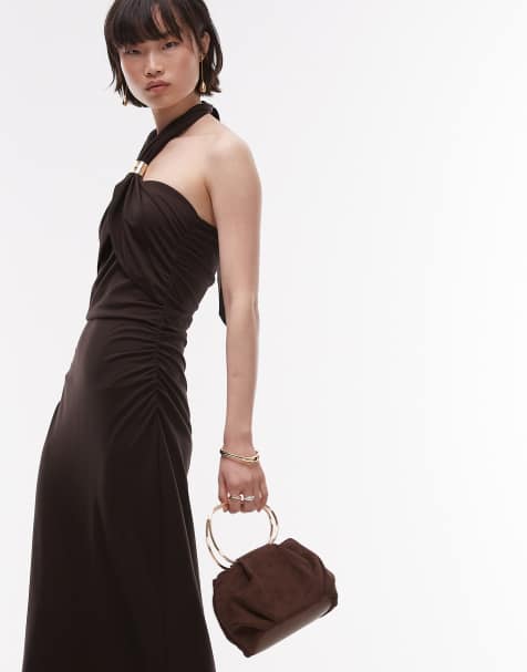& Other Stories - Jersey maxi jurk met halternek met metallic gesp in bruin - view 1