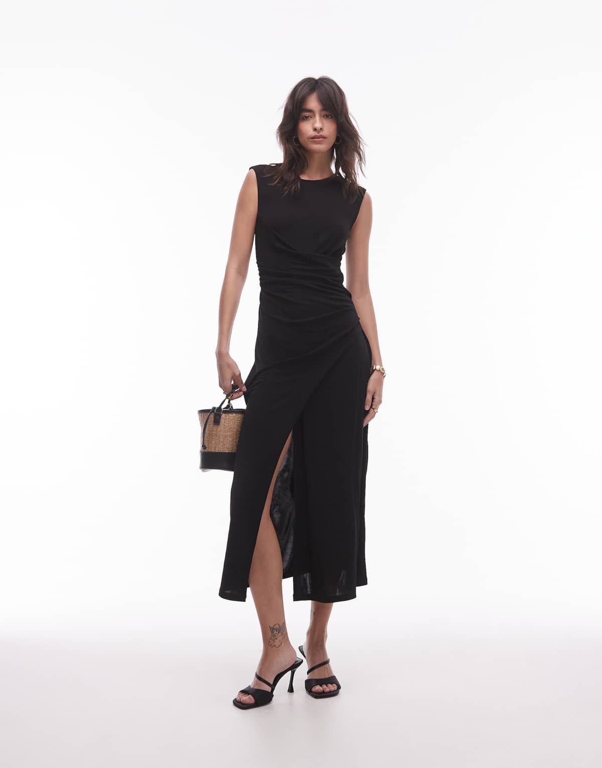 & Other Stories jersey midaxi dress with drape detail and asymmetric wrap front in black