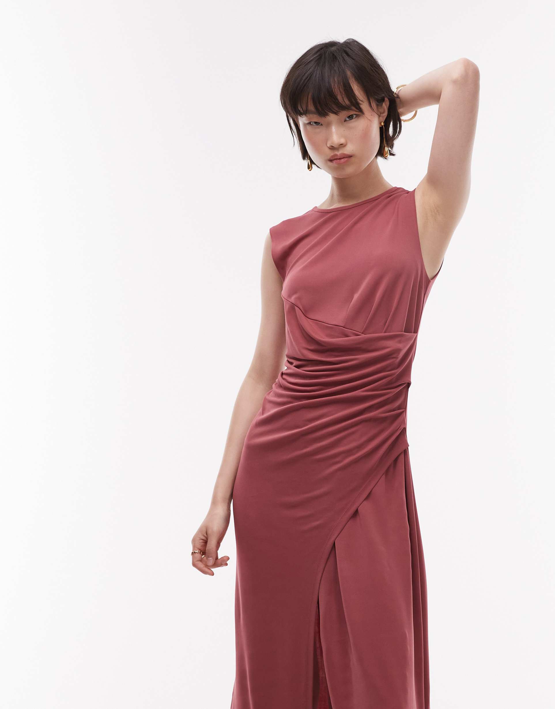 & other stories jersey midaxi dress with drape detail and asymmetric wrap front in pomegranate berry red
