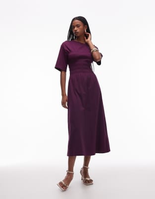 & Other Stories & Other Stories jersey midaxi dress with ruche corset detail in berry burgundy-Red
