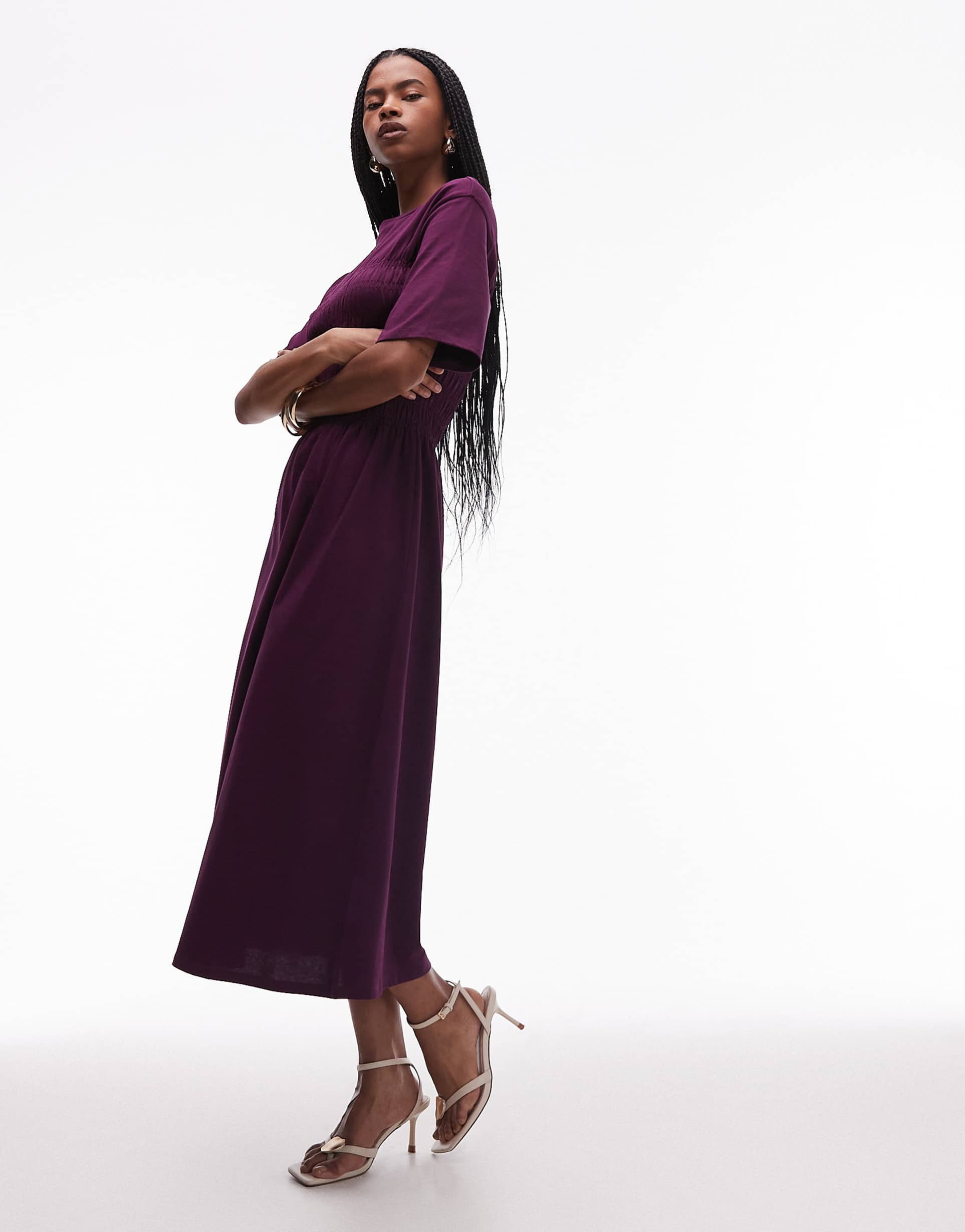 & other stories jersey midaxi dress with ruched corset detail in berry burgundy