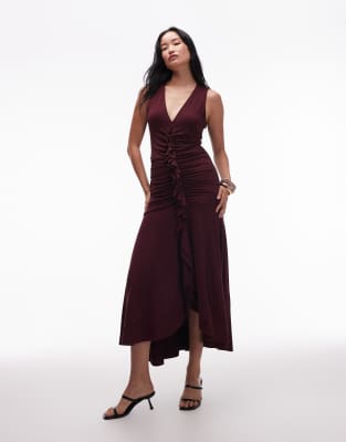 & Other Stories jersey midaxi dress with ruffle front and ruching in burgundy-Red