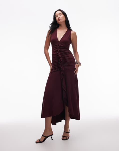 & Other Stories jersey midaxi dress with ruffle front and ruching in burgundy - view 1