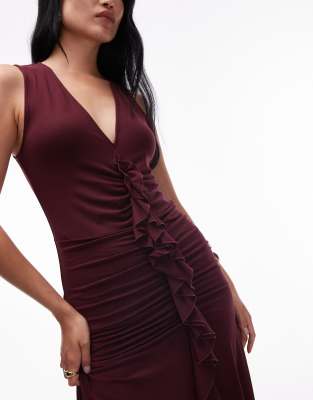 & Other Stories Jersey Midaxi Dress With Ruffle Front And Ruching In Red