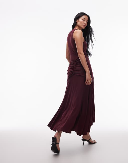 & Other Stories jersey midaxi dress with ruffle front and ruching in burgundy, 3 of 4