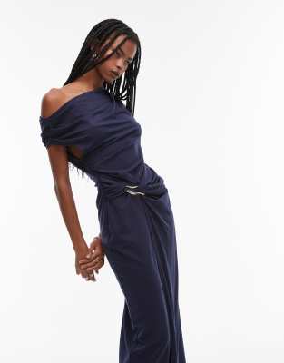 & OTHER STORIES JERSEY MIDI DRESS WITH DRAPE WRAP CLASP AND ASYMMETRIC OFF SHOULDER 